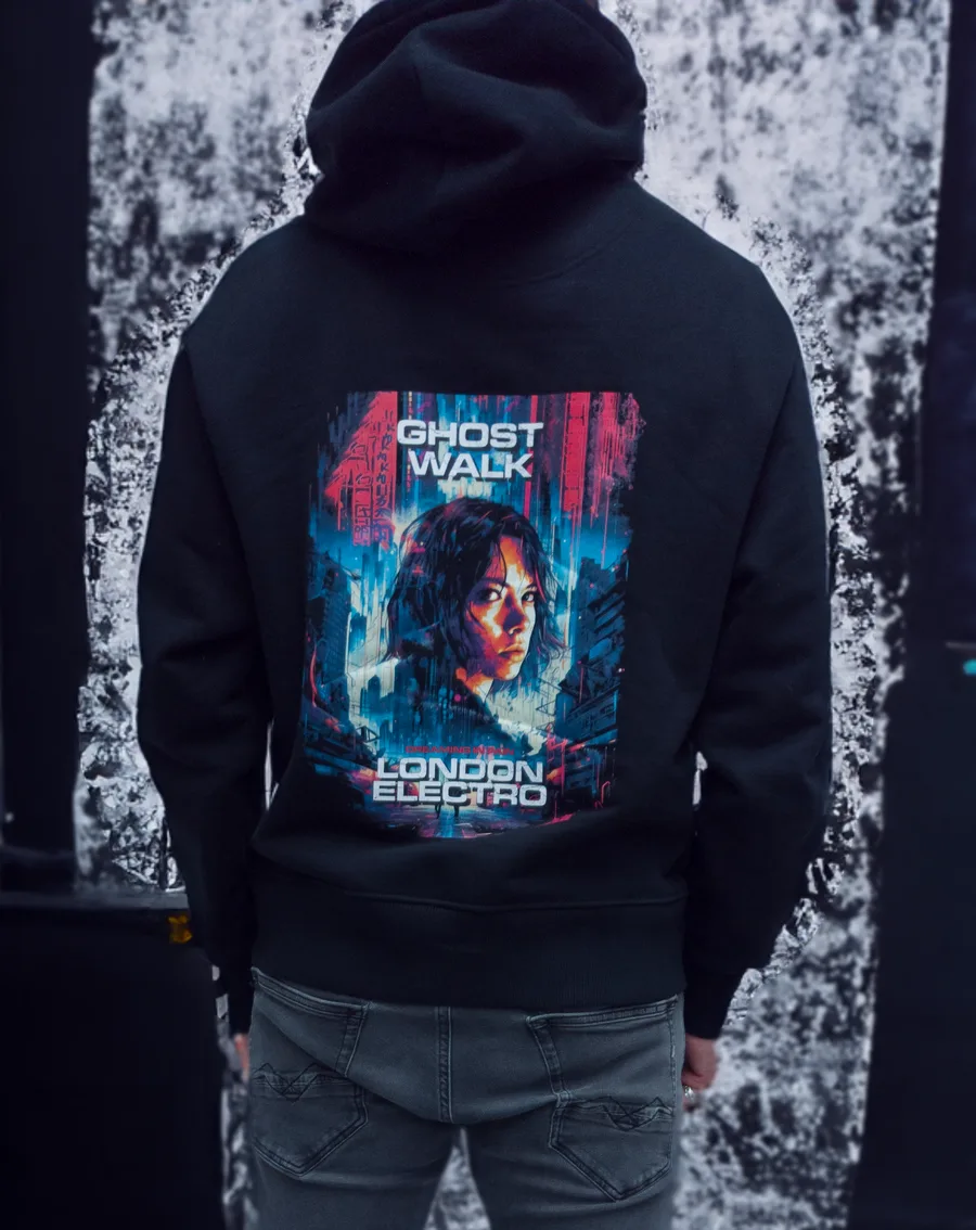 Black hoodie, back print: Dreaming In Pain London Electro poster