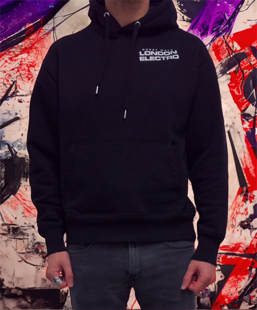 Black hoodie with a Ghost Walk London Electro chest logo