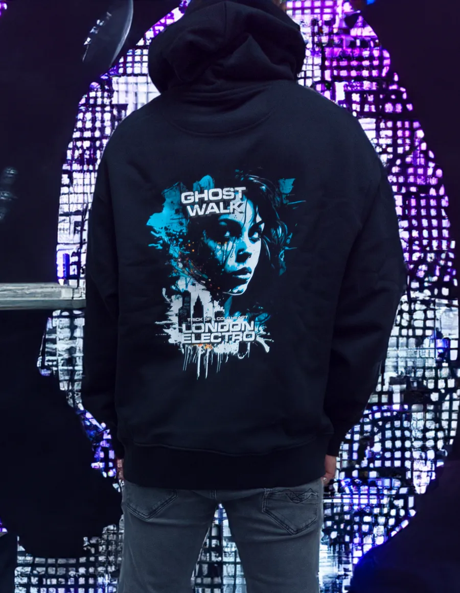 Black hoodie, back print: Trick Of A Cold Heart London Electro poster