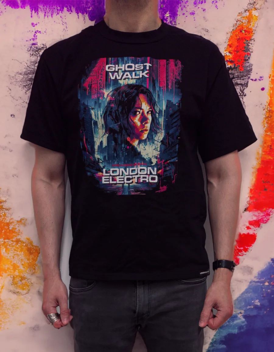 Black T-shirt with the Dreaming In Pain London Electro poster