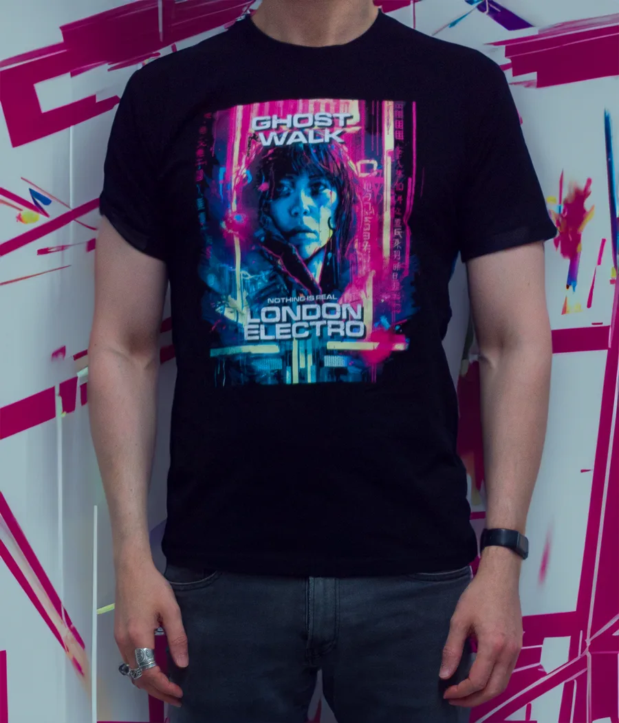 Black T-shirt with the Nothing Is Real London Electro poster