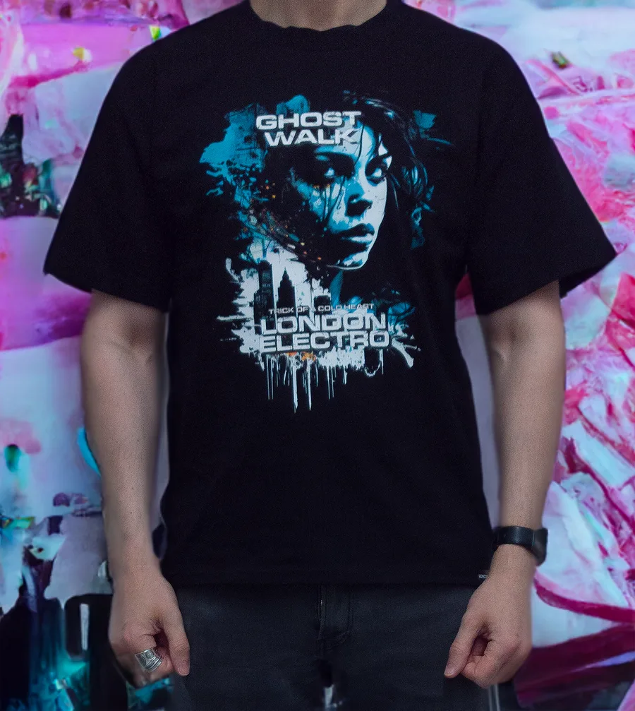 Black T-shirt with the Trick Of A Cold Heart London Electro print