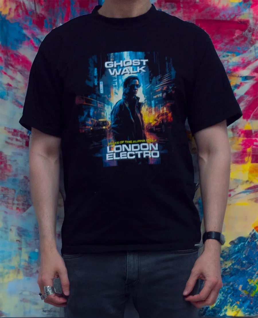 Black T-shirt with the Wake Of The Alpha Wolf London Electro poster
